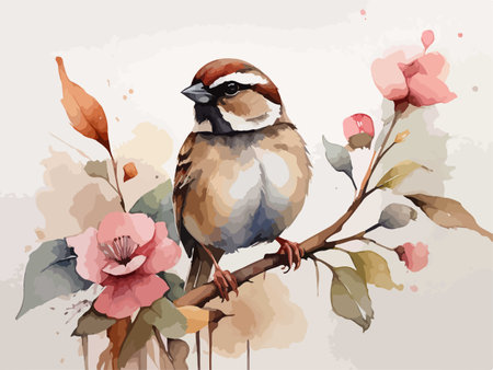 Sparrow sitting on a branch with flowers. Watercolor illustrationのイラスト素材