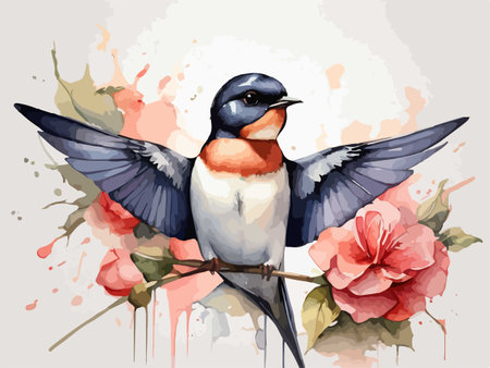 Watercolor illustration of a swallow with flowers in its beak.のイラスト素材