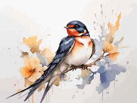 Hand drawn watercolor illustration of a swallow on a branch with flowersのイラスト素材