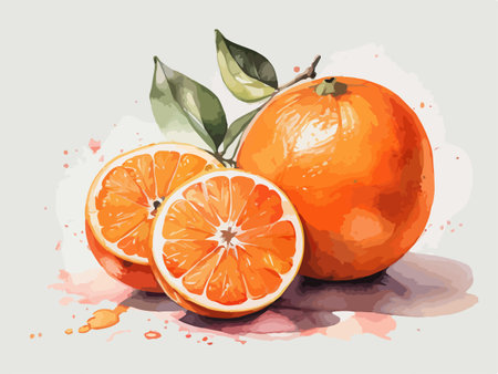 Orange fruit with watercolor splashes. Hand drawn vector illustration.のイラスト素材