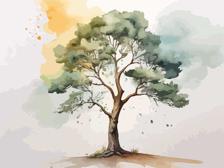 Watercolor tree. Hand drawn vector illustration on watercolor background.のイラスト素材