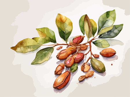 Pistachio nuts on branch with leaves. Vector illustration.のイラスト素材