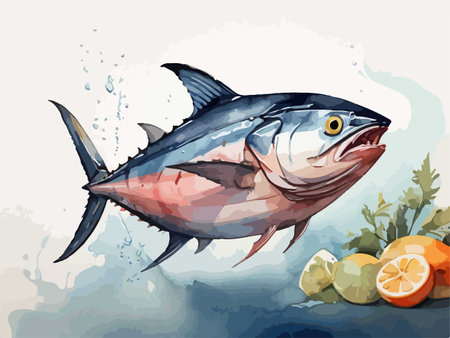 Illustration of a tuna fish with lemon and seaweed on a white backgroundのイラスト素材