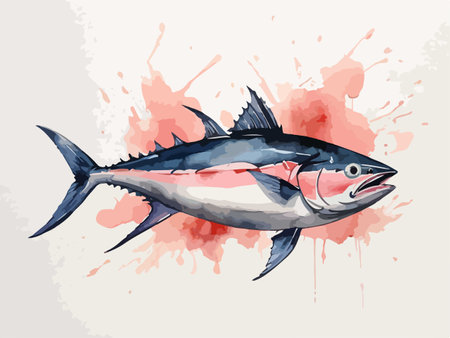 Illustration of a tuna fish with splashes in watercolor styleのイラスト素材