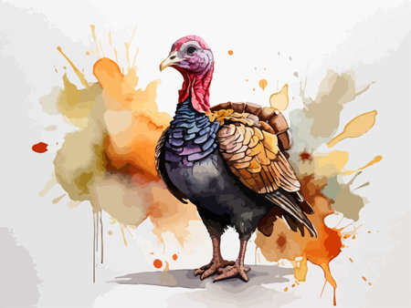 Colorful watercolor illustration of a turkey on a white background.のイラスト素材