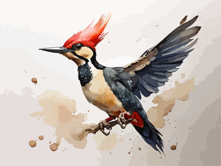 Woodpecker bird flying on a branch. Hand drawn vector illustration.のイラスト素材
