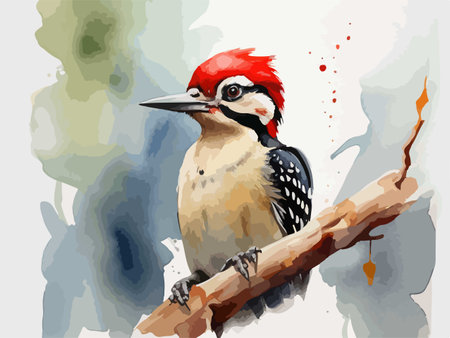 Woodpecker bird sitting on a branch. Hand drawn vector illustration.のイラスト素材
