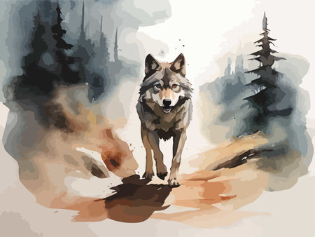 Watercolor illustration of a wolf in the forest. Vector image.のイラスト素材