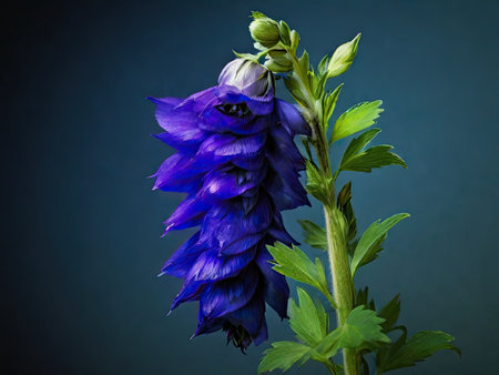 Blue bellflower on a dark blue background. Studio photography of a flower.の素材