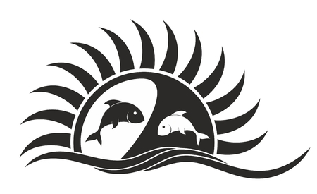 Logo of sun and sea with fishes.のイラスト素材