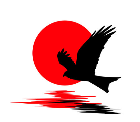 A sunset logo in the sea with flight of a bird.のイラスト素材
