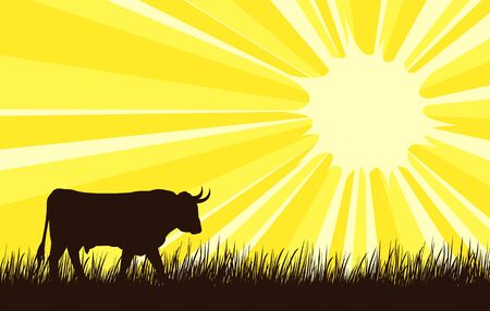 A silhouette of a big cow on a meadow.のイラスト素材