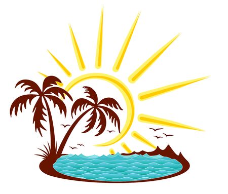 Tropical island symbol with sea, sun and palm trees.のイラスト素材