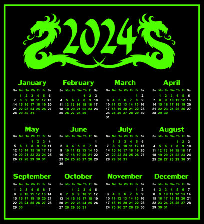 A color calendar template for a year 2024 with green dragons.のイラスト素材