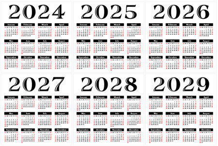 A set calendar templates for a year 2024 - 2029.のイラスト素材