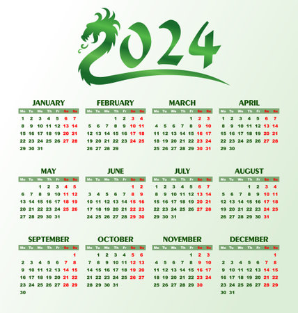 A green calendar template for a year 2024 with dragon.のイラスト素材