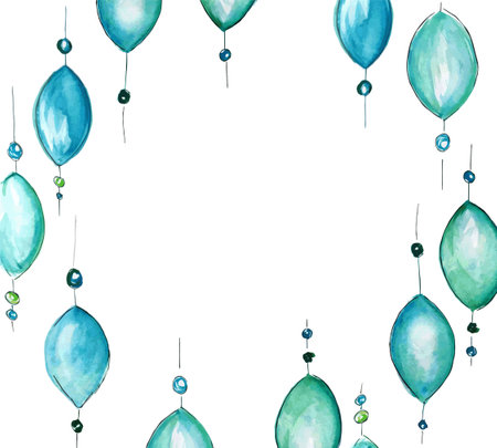The blue balloon frame painted in watercolor.のイラスト素材