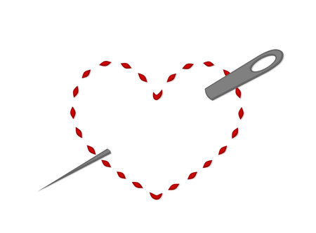 The symbol of a red embroidered heart with needle.のイラスト素材