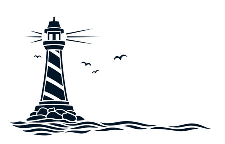 Seascape with a lighthouse and seagulls.のイラスト素材