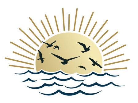 The seascape with a flock of birds.のイラスト素材