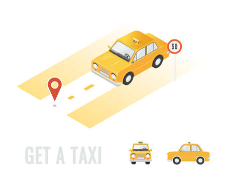 Taxi isometric isolated. Different sides of car. Online order taxi service horizontal illustration. Navigation and route. Flat 3d vector isometric high quality.のイラスト素材