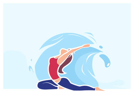 Cartoon Woman in Asana Position. Yoga Exercise Practice Outdoors Vector Illustration. Summer Nature Water Harmony. Body Care Balance. Healthy Lifestyle. Relaxation Stretch Recharge Energy - Vectorのイラスト素材