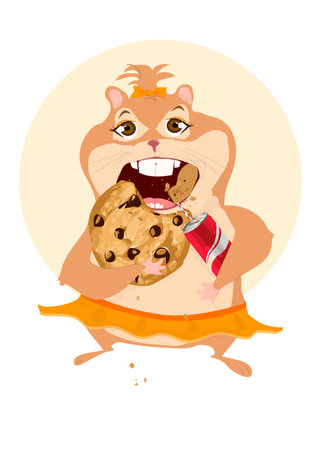 Hamster eats cookies. Cute and funny girl hamster. Glutton rodent, pets eat sweets. Cookies and drinks.のイラスト素材