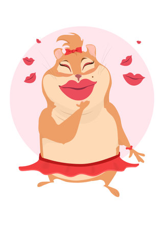 Hamster girl sending kisses by air. Character in love. Woman in red. Love in movement, Women send wind kisses. Lips in air. Big lips, red make up. Valentines mood.のイラスト素材