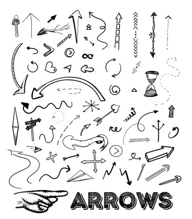 Arrows. Vector set with different arrow pointer and directions signs. Drawing style, sketchのイラスト素材