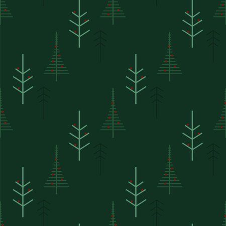 Seamless pattern of a forest of modern winter trees on a dark green background.