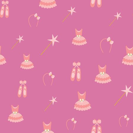 Seamless pattern of ballerina dress, headband, dance shoes, and magic wand on a pink background.のイラスト素材