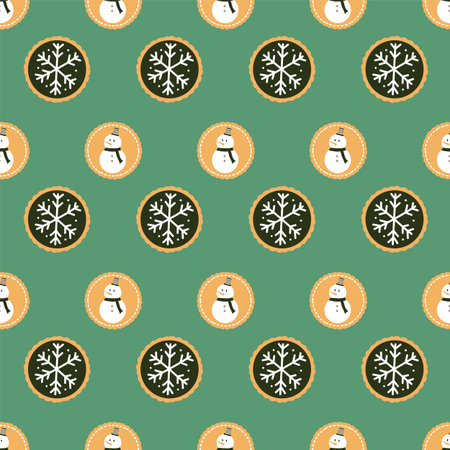Seamless pattern of sweet winter holiday cookies with snowmen and snowflakes on  green