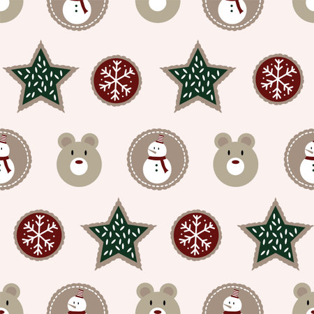 Seamless pattern of holiday winter cookies with snowmen, snowflakes, stars and bears