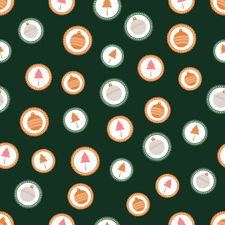 Seamless pattern of sweet winter holiday cookies with christmas trees and ornaments on a green background.のイラスト素材