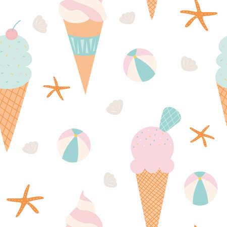 Seamless pattern of icecream cones with shells. beach ball, and starfish on a white background.のイラスト素材
