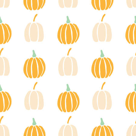 Classic orange pumpkins in rows seamless pattern. Hand-drawn pumpkins of different shapes in on a white background, vector illustration.のイラスト素材