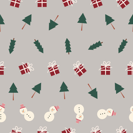 Grey vector gifts, snowman, and Christmas trees in rows seamless pattern background. Perfect for...
