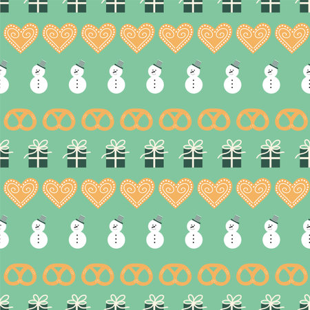 Green vector holiday cookies, bretzels, snowmen, wrapped gifts seamless pattern background. Perfect...