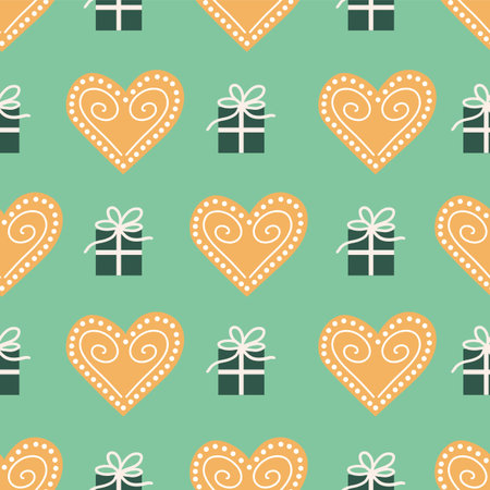 Light green vector holiday cookies and gifts seamless pattern background. Perfect for fabric,...