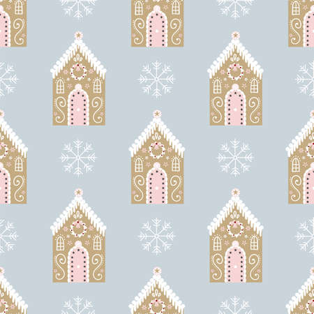Vector illustration gingerbread house and snowflakes seamless repeat pattern on a light blue background.のイラスト素材