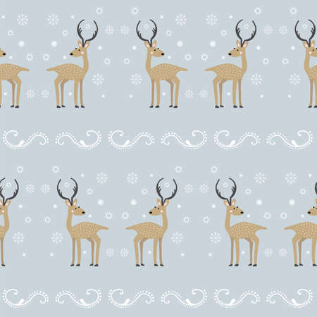 Vector illustration of reindeers and snowflakes seamless repeat pattern on a light blue background.のイラスト素材