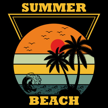 Summer beach Tshirt design template. Vector illustration with palms and sunset on the background.の写真素材
