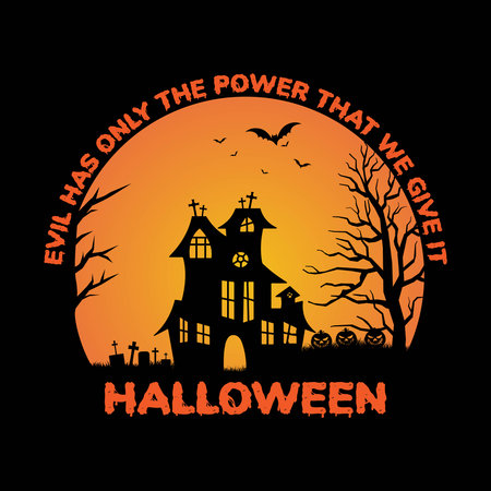 Halloween card with haunted house, pumpkins and bats. Vector illustration.のイラスト素材
