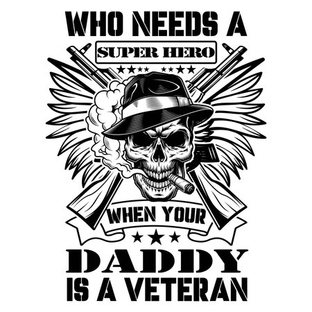 Skull gangster with guns and wings vector illustration. Design element for t-shirt, emblem, sign, poster.のイラスト素材