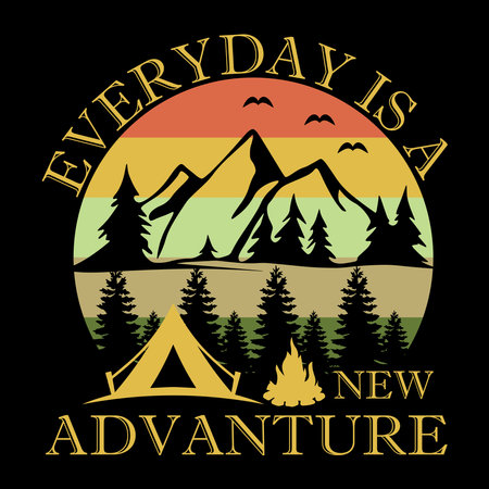 Vintage label with mountains, forest and bonfire. Vector illustrationの写真素材