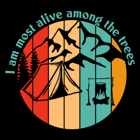 Camping graphic design with tent, bonfire, trees and treesの写真素材