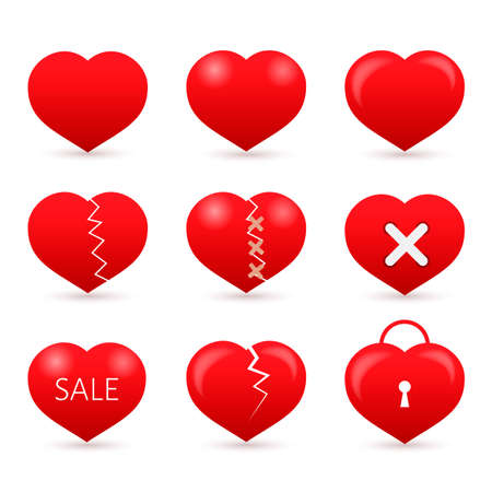 Set of nine red hearts isolated on white background.  Vector illustration.のイラスト素材