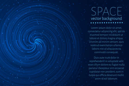 Dark blue wavy space background. Glowing spiral cosmic banner with sample text.のイラスト素材