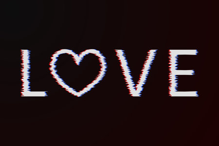 Letters â€œLoveâ€ and heart with glitch effect white on a dark background....
