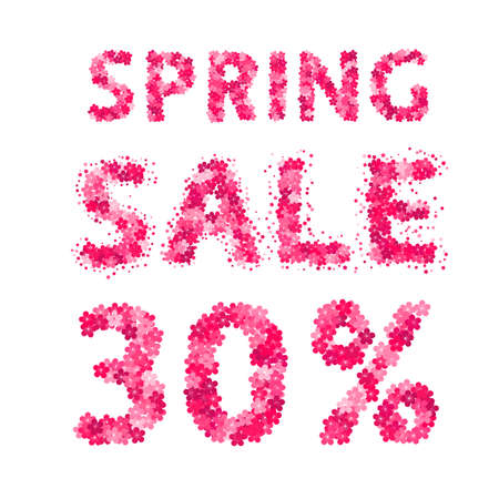 Spring sale banner. 30% discount sign. Numbers and letters made of flowers. Easy to edit vector design template for your artworks.のイラスト素材